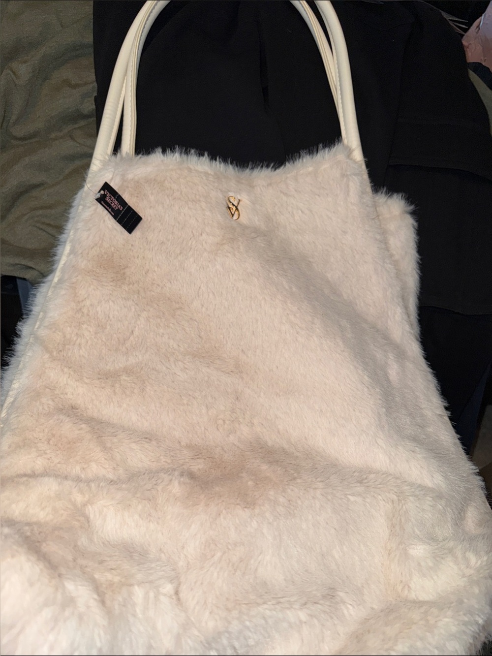 BNWT Victoria's Secret Cream Faux Fur Tote with Gold VS Emblem-Soft.